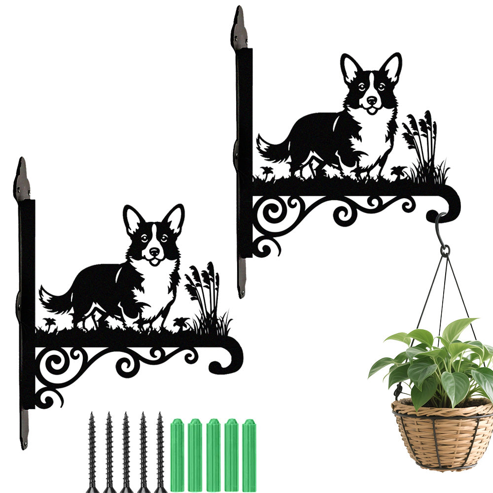 Corgi metal hanging basket bracket mounted on outdoor wall for plant decoration