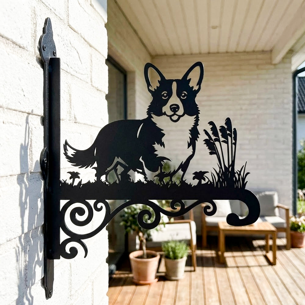 Corgi metal hanging basket bracket mounted on outdoor wall for plant decoration