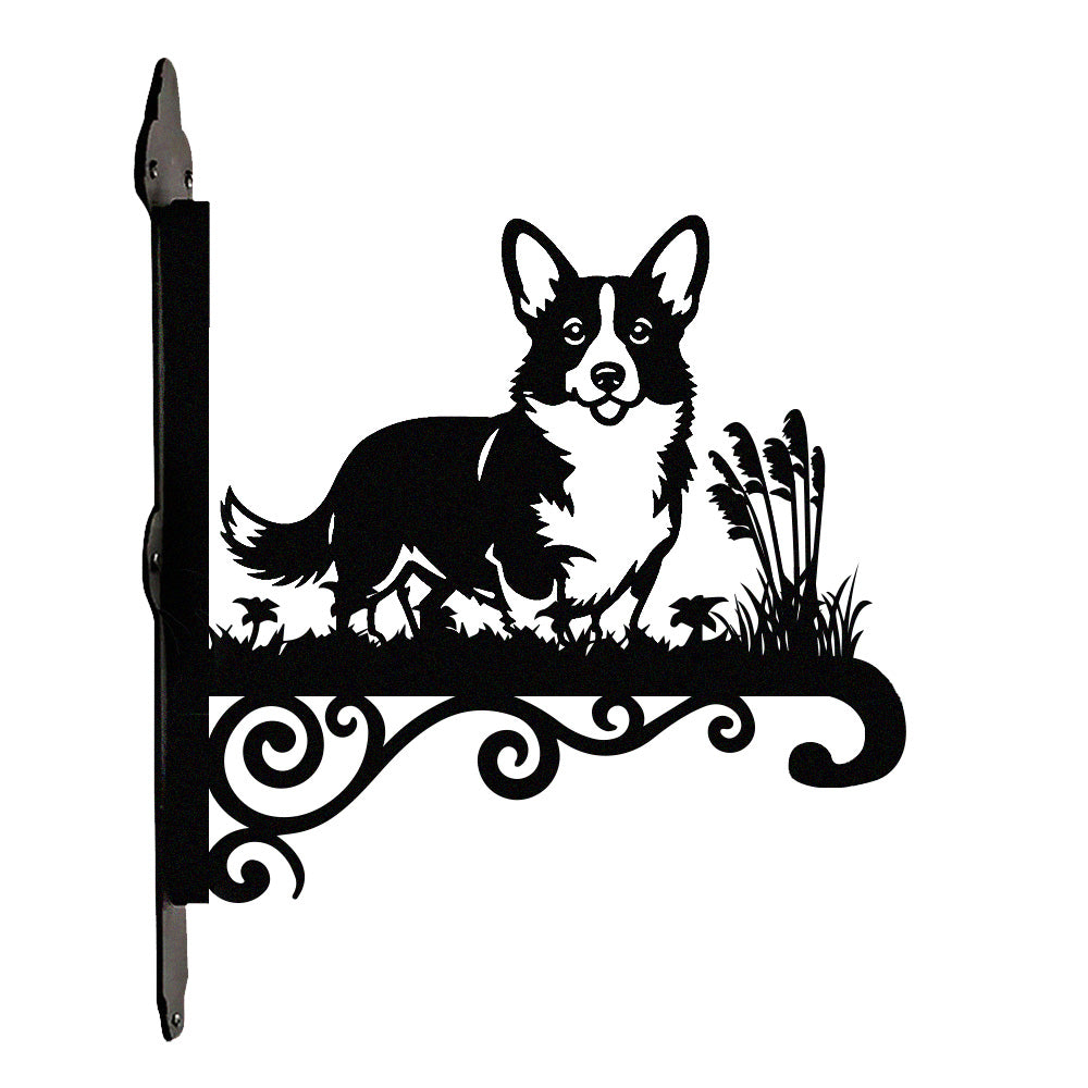 Corgi metal hanging basket bracket mounted on outdoor wall for plant decoration