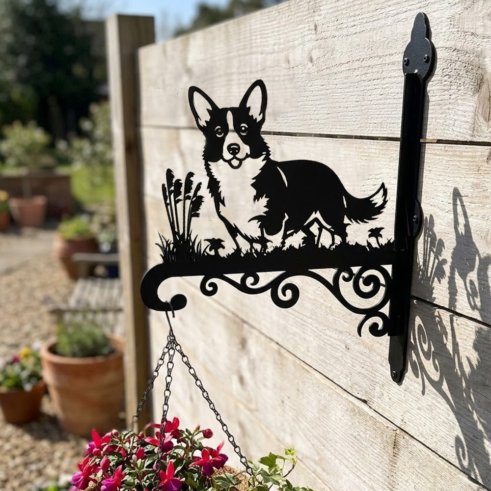 Corgi metal hanging basket bracket mounted on outdoor wall for plant decoration