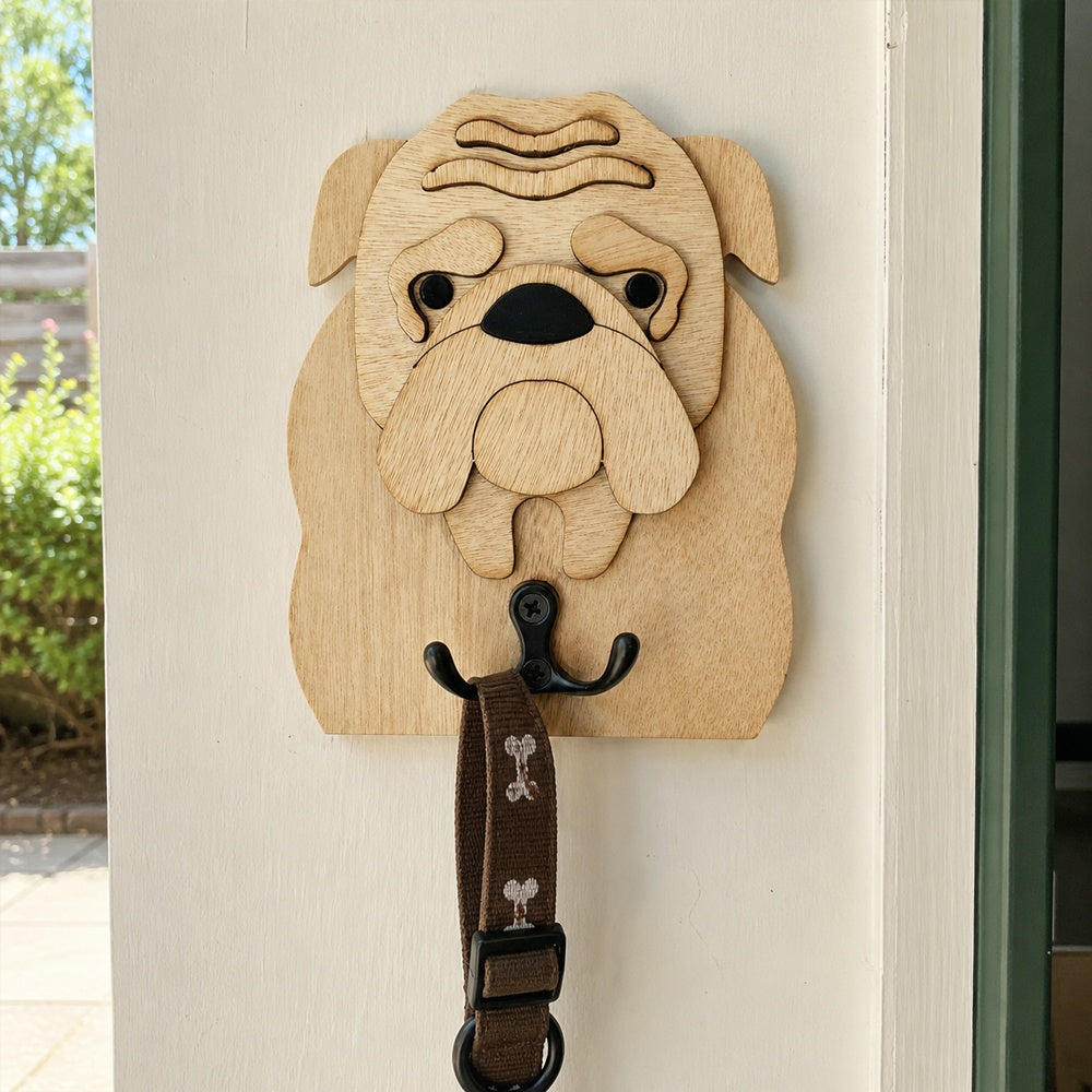 Wooden English Bulldog dog wall hook key and leash holder for home entryway organizer