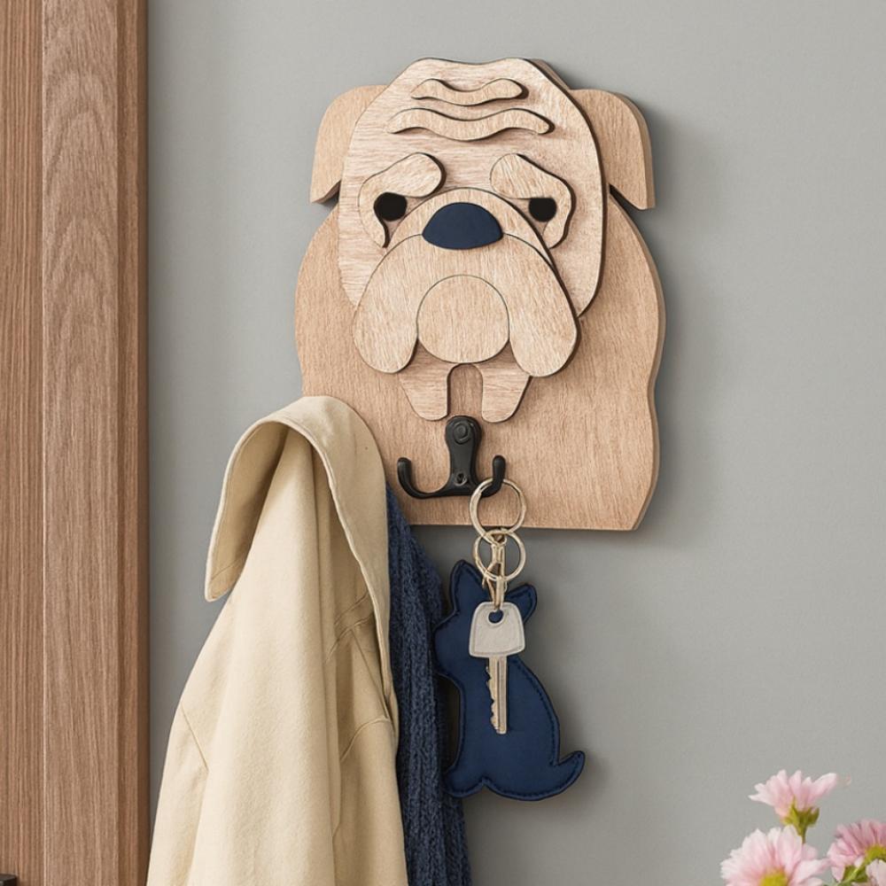 Wooden English Bulldog dog wall hook key and leash holder for home entryway organizer