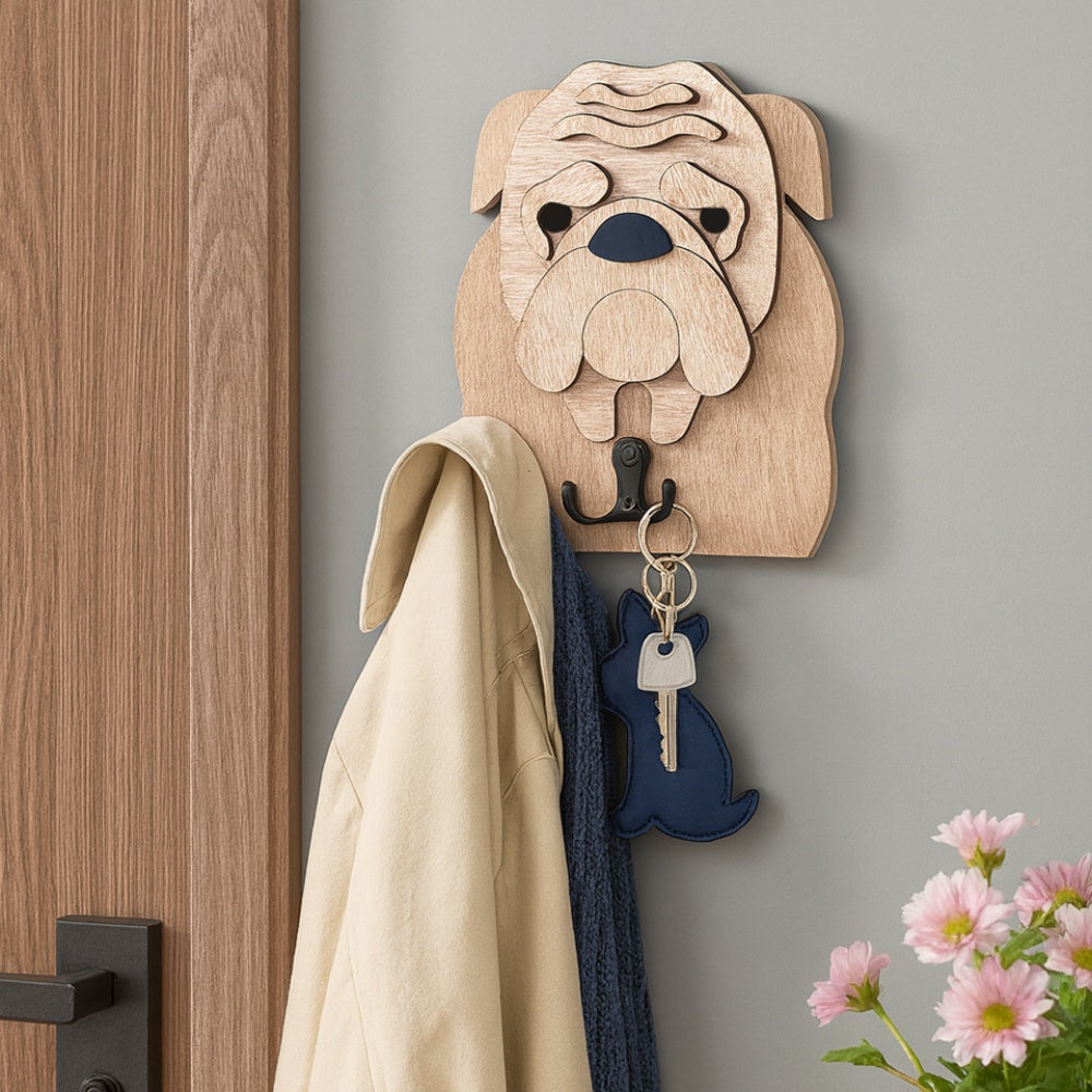 Wooden English Bulldog dog wall hook key and leash holder for home entryway organizer