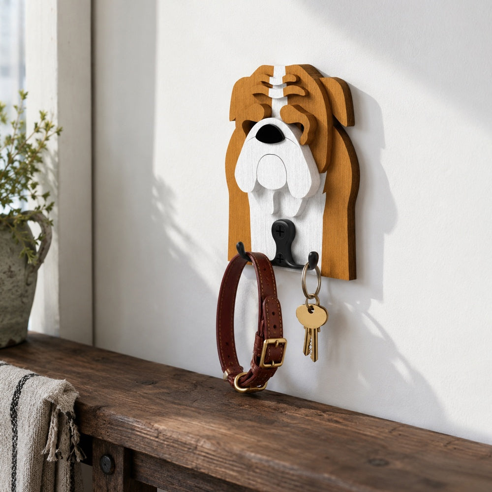 Wooden English Bulldog dog wall hook key and leash holder for home entryway organizer