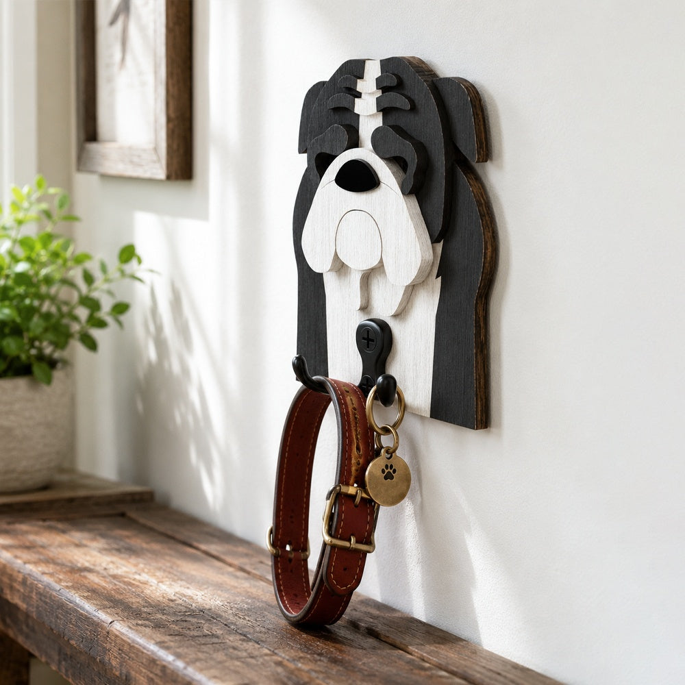 Wooden English Bulldog dog wall hook key and leash holder for home entryway organizer