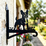 French bulldog metal hanging basket bracket mounted on outdoor wall for plant decoration
