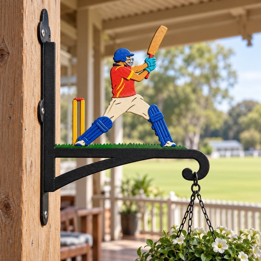 Hanging Basket Bracket – Cricket Batsman Swinging and Wickets