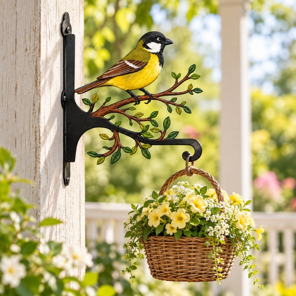 Hanging Basket Bracket – Chickadee Bird on Branch