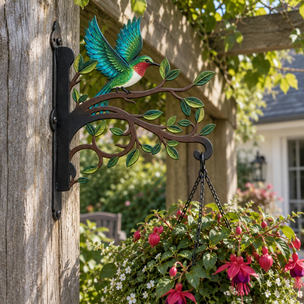 Hanging Basket Bracket – Hummingbird Flying on Branch