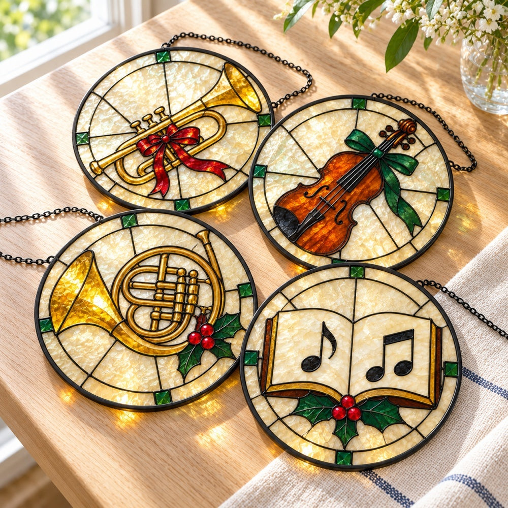 Stained Glass Suncatcher Set of 4 - Christmas Carols and Instruments