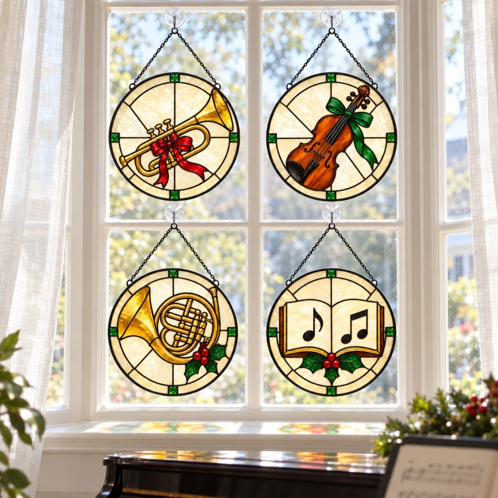 Stained Glass Suncatcher Set of 4 - Christmas Carols and Instruments