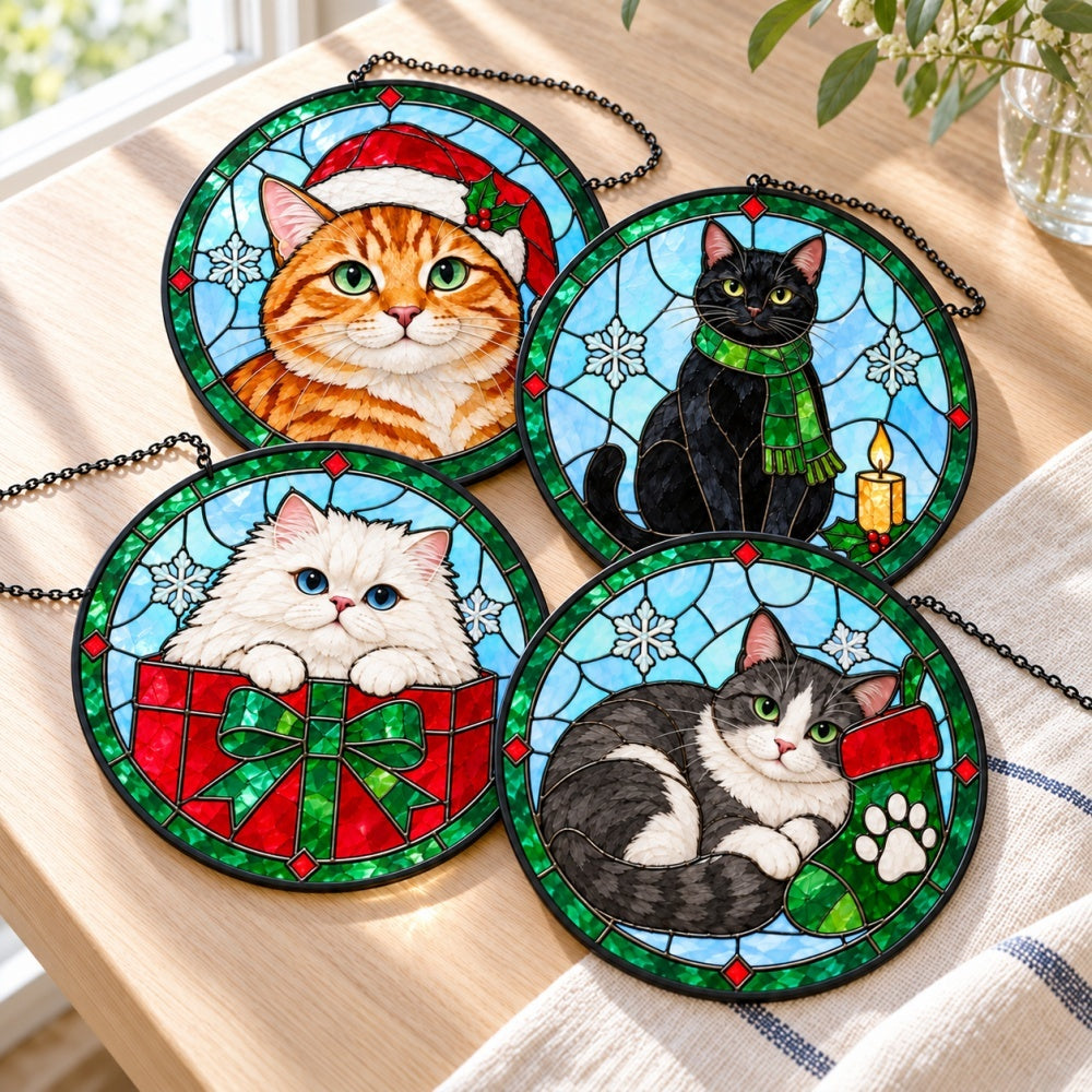 Stained Glass Suncatcher Set of 4 - Christmas Cats