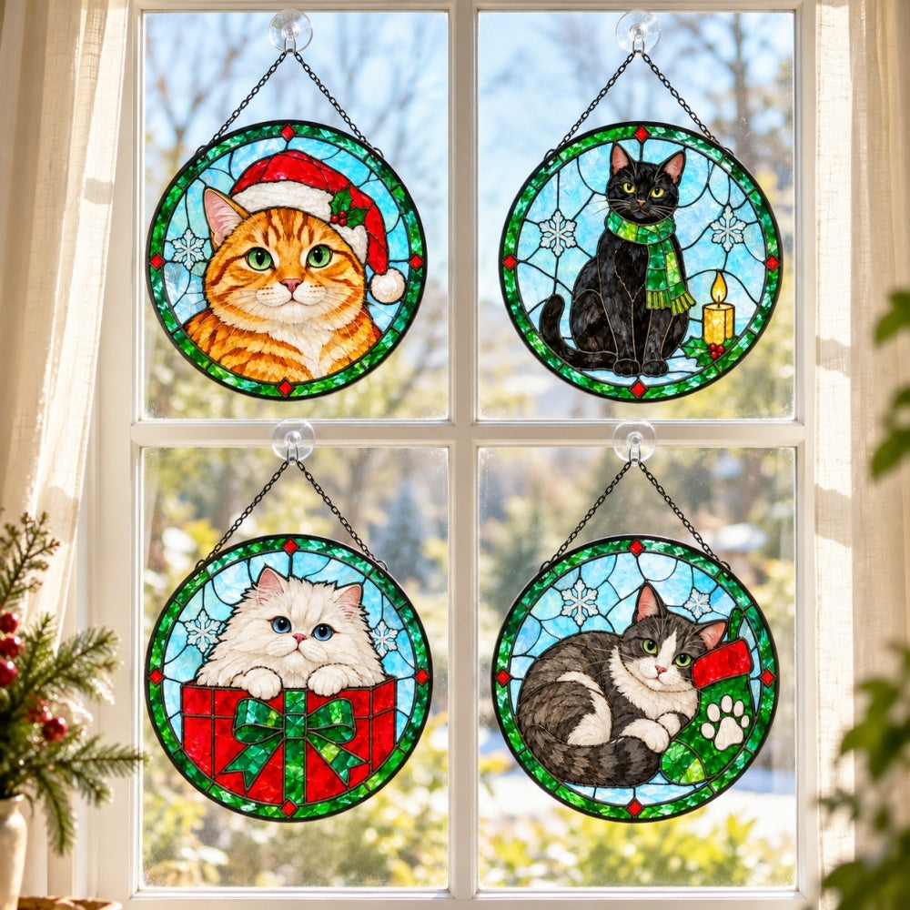 Stained Glass Suncatcher Set of 4 - Christmas Cats
