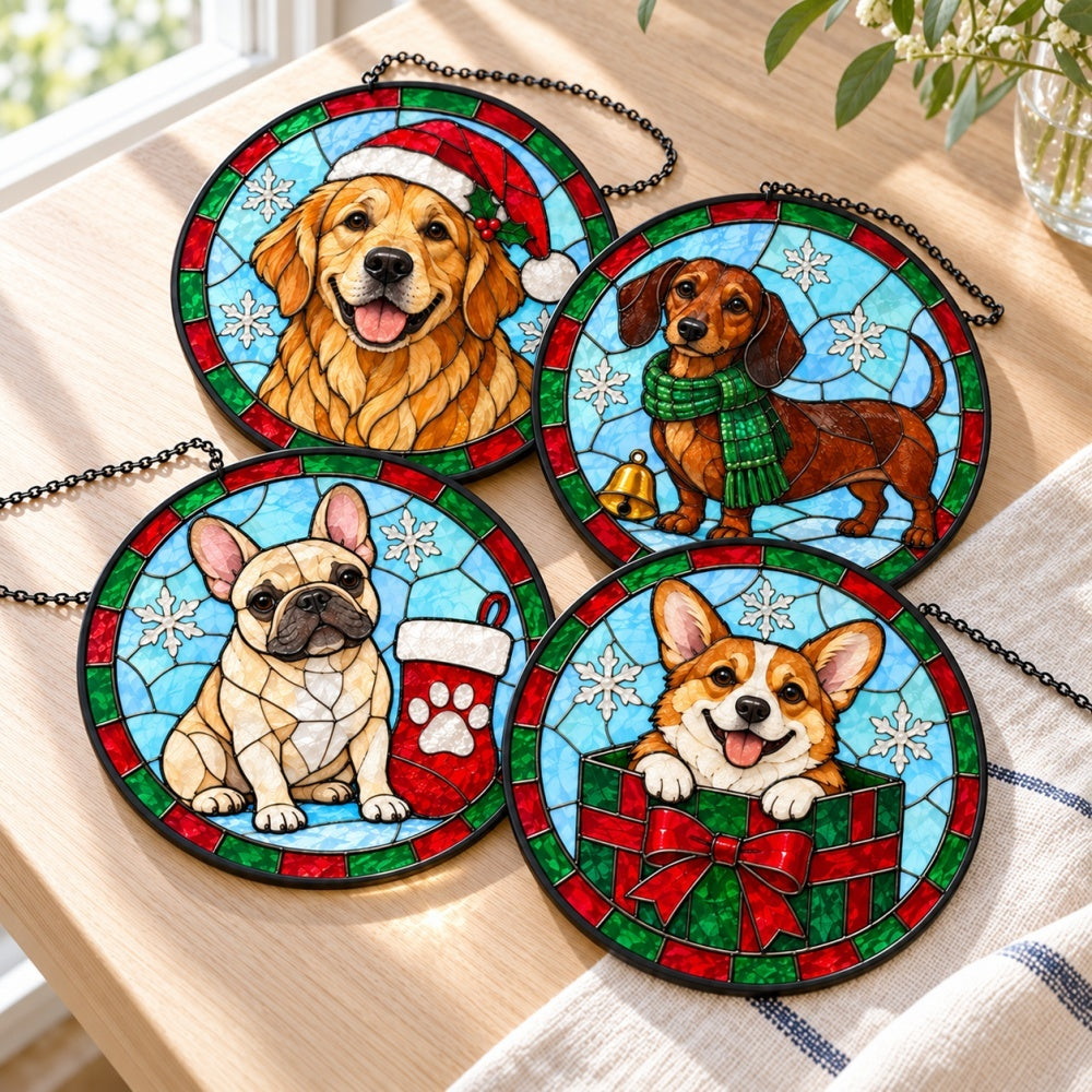 Stained Glass Suncatcher Set of 4 - Christmas Dogs