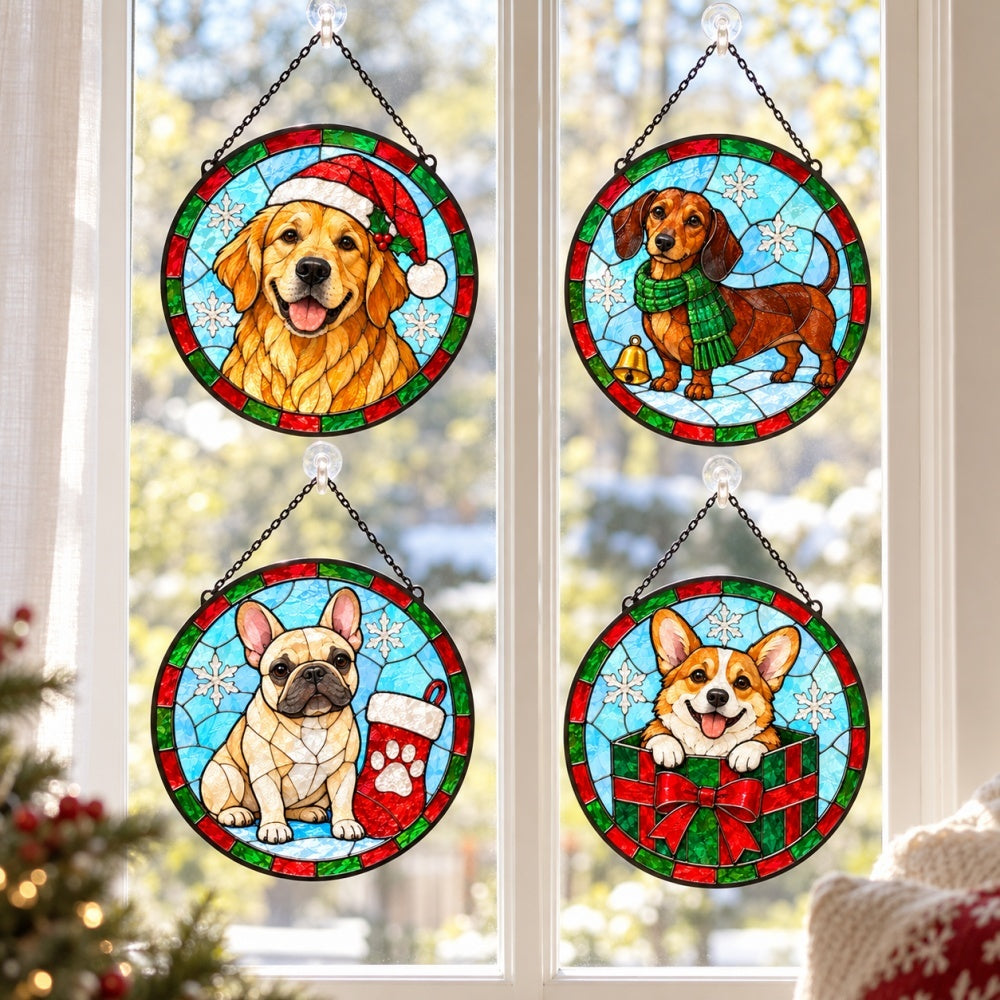 Stained Glass Suncatcher Set of 4 - Christmas Dogs