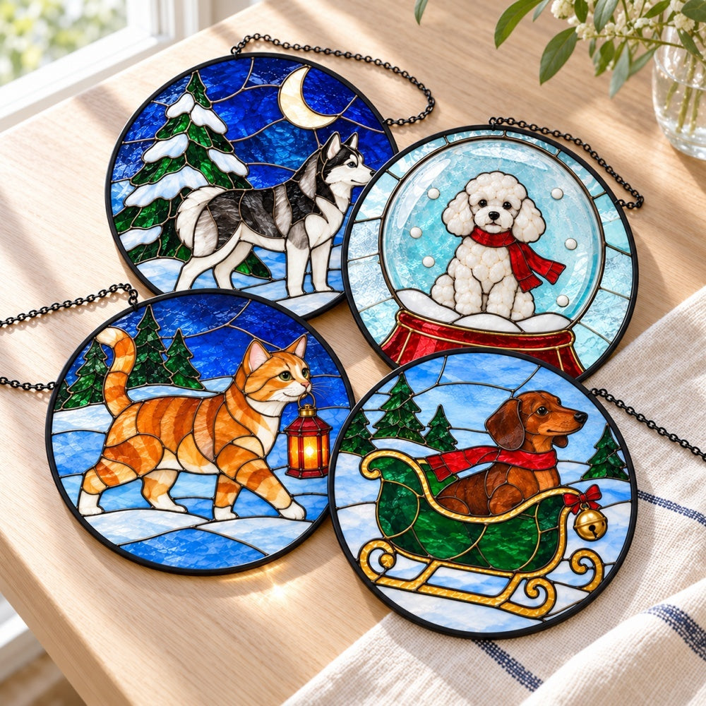 Stained Glass Suncatcher Set of 4 - Christmas Dogs and Cat