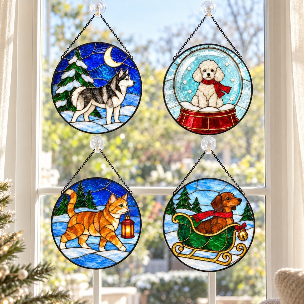 Stained Glass Suncatcher Set of 4 - Christmas Dogs and Cat