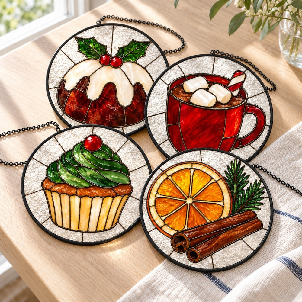 Stained Glass Suncatcher Set of 4 - Christmas Treats and Winter Spices