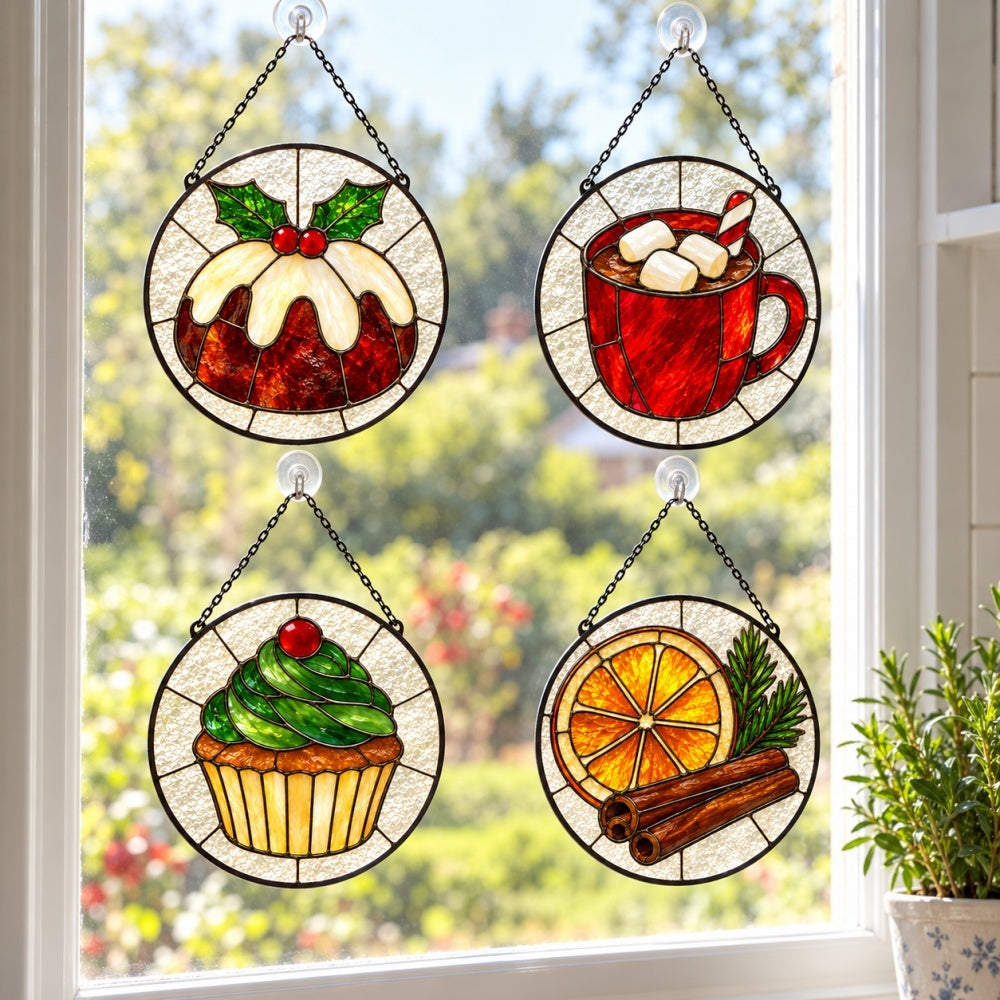 Stained Glass Suncatcher Set of 4 - Christmas Treats and Winter Spices