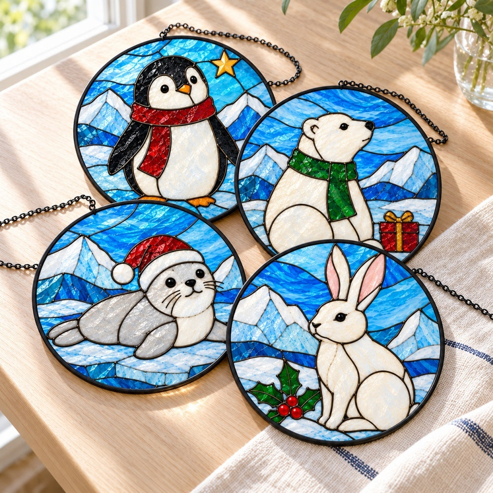 Stained Glass Suncatcher Set of 4 - Christmas Winter Friends