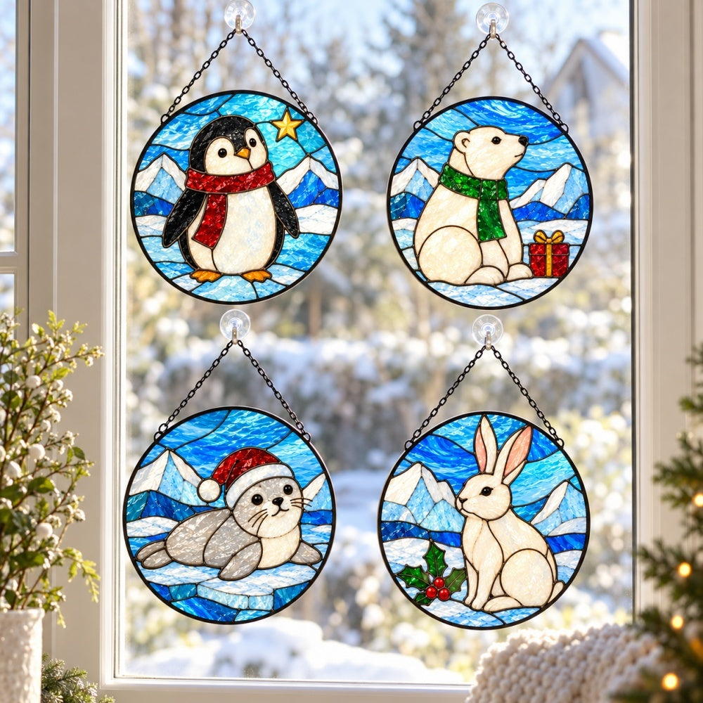 Stained Glass Suncatcher Set of 4 - Christmas Winter Friends