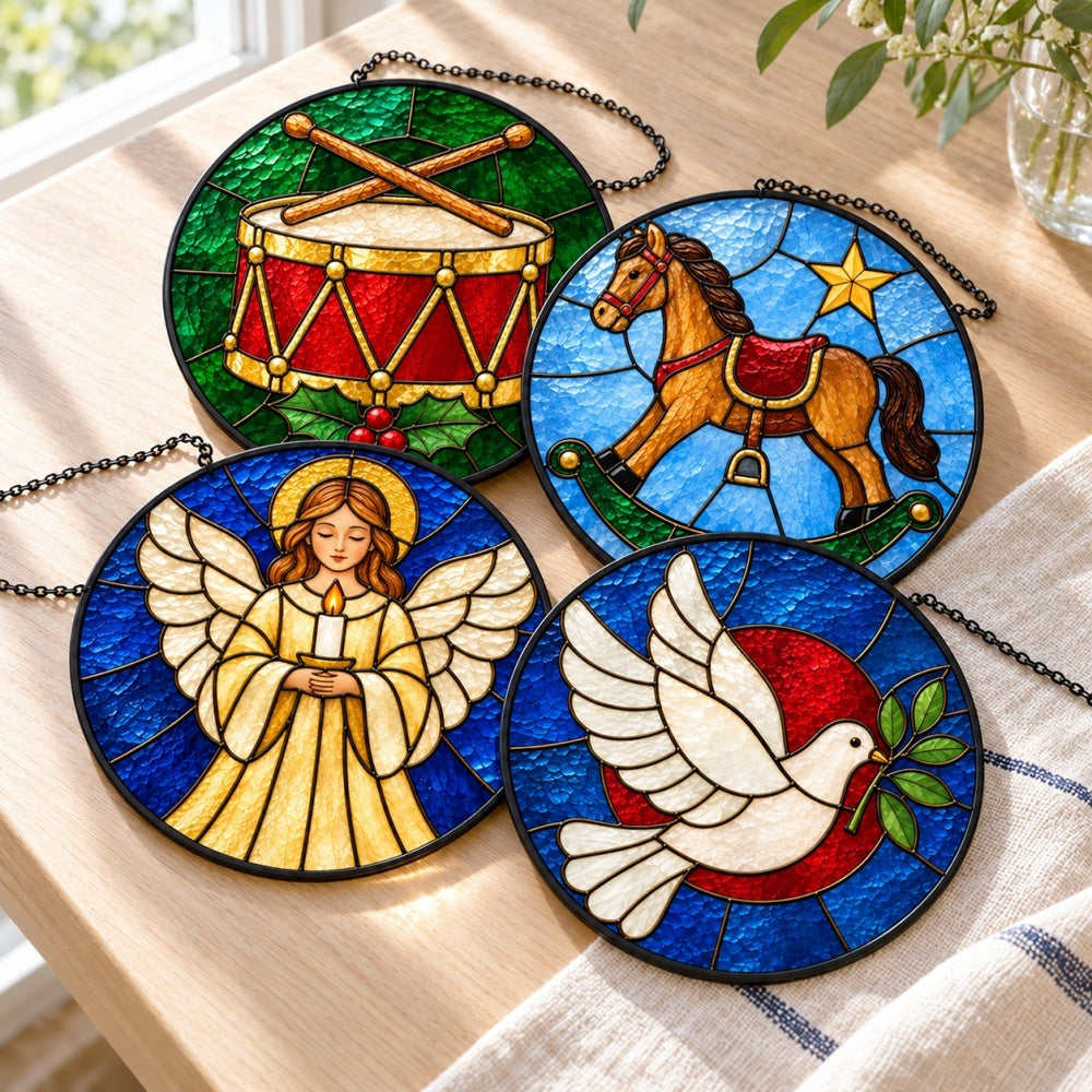 Stained Glass Suncatcher Set of 4 - Classic Christmas Symbols
