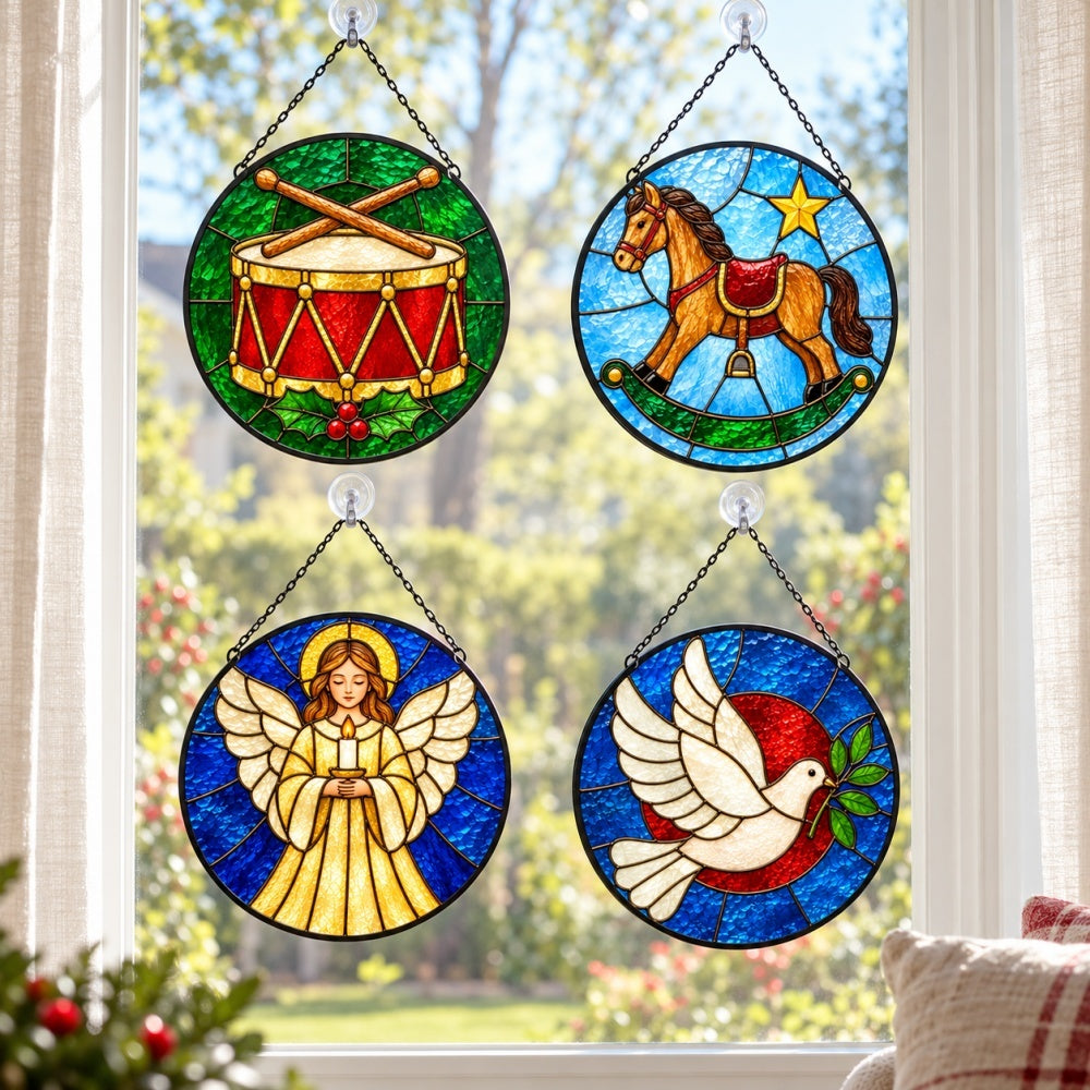 Stained Glass Suncatcher Set of 4 - Classic Christmas Symbols