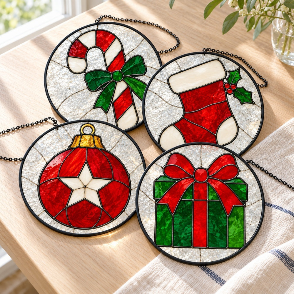 Stained Glass Suncatcher Set of 4 - Classic Red and Green Christmas