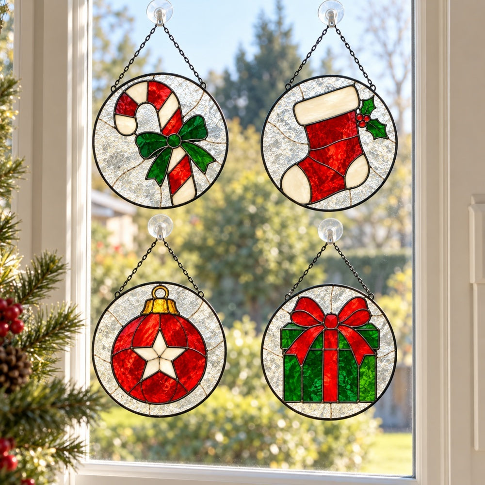 Stained Glass Suncatcher Set of 4 - Classic Red and Green Christmas