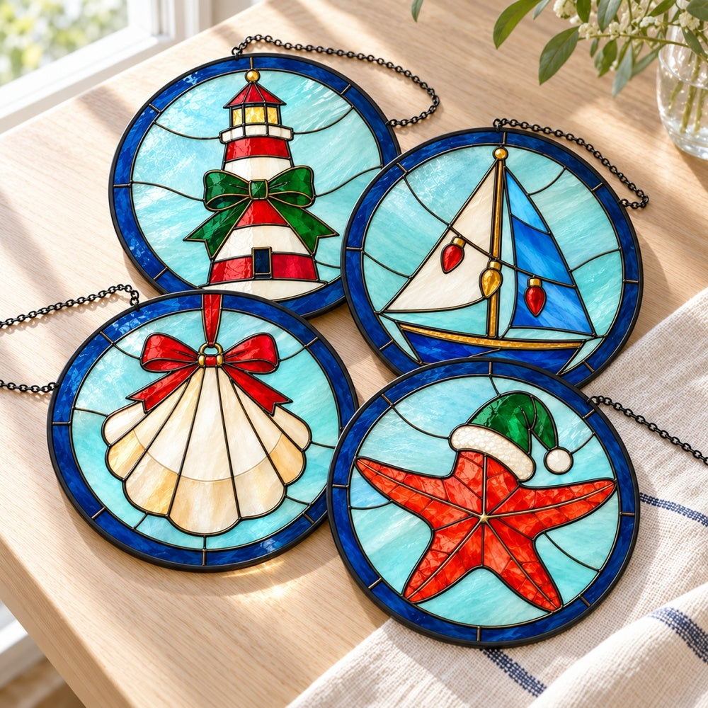 Stained Glass Suncatcher Set of 4 - Coastal Christmas