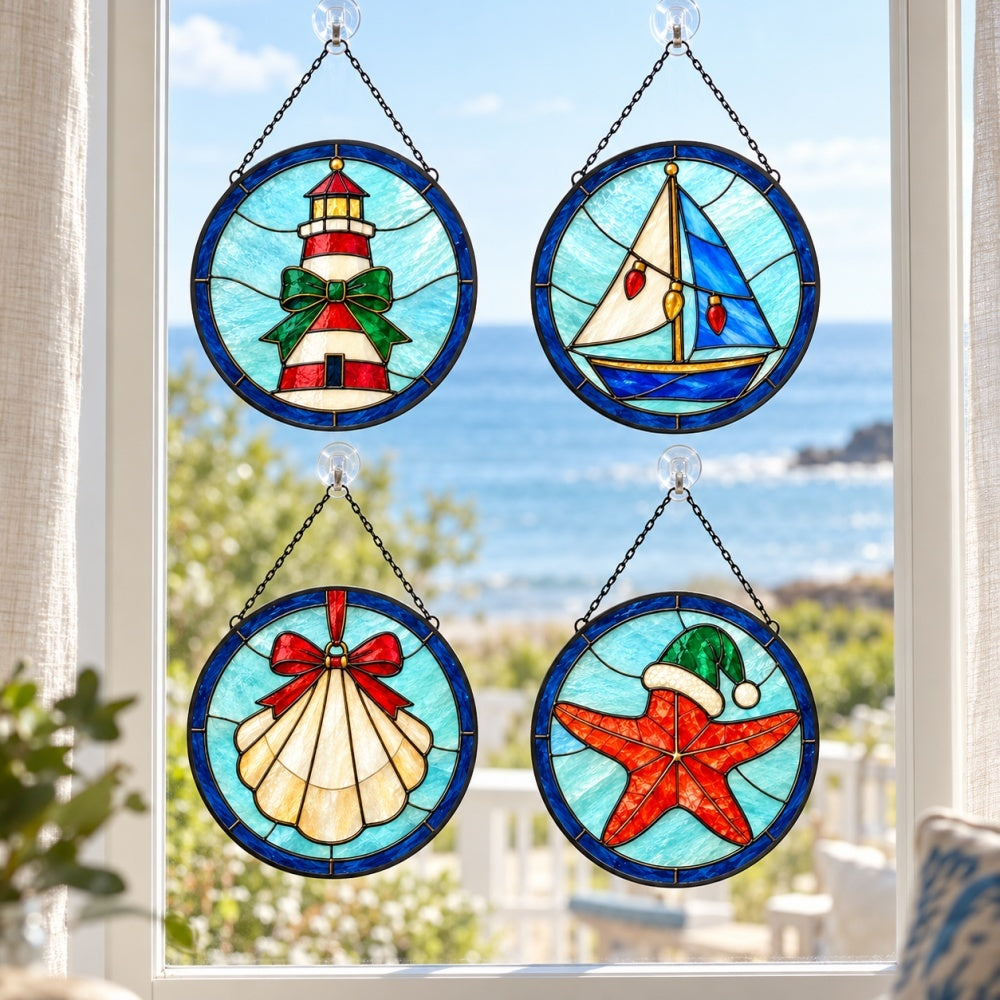 Stained Glass Suncatcher Set of 4 - Coastal Christmas