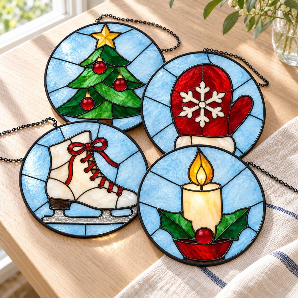 Stained Glass Suncatcher Set of 4 - Cozy Christmas Classics