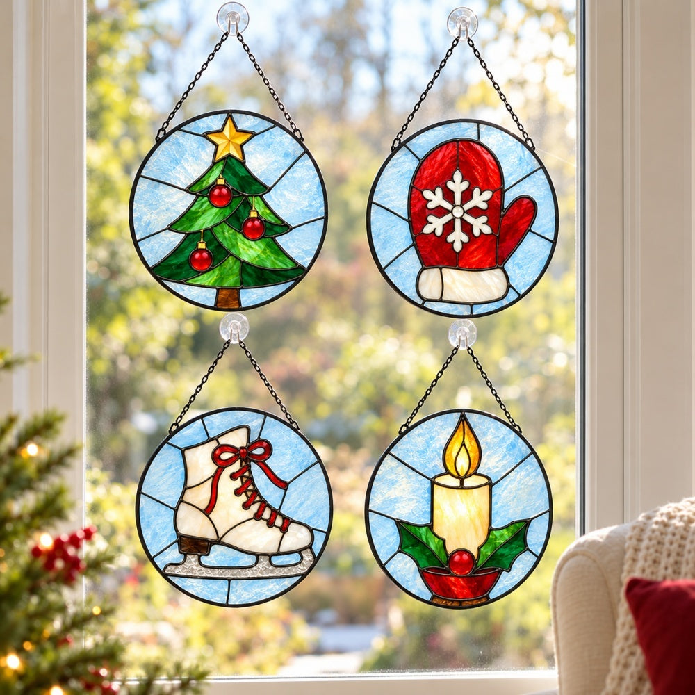 Stained Glass Suncatcher Set of 4 - Cozy Christmas Classics