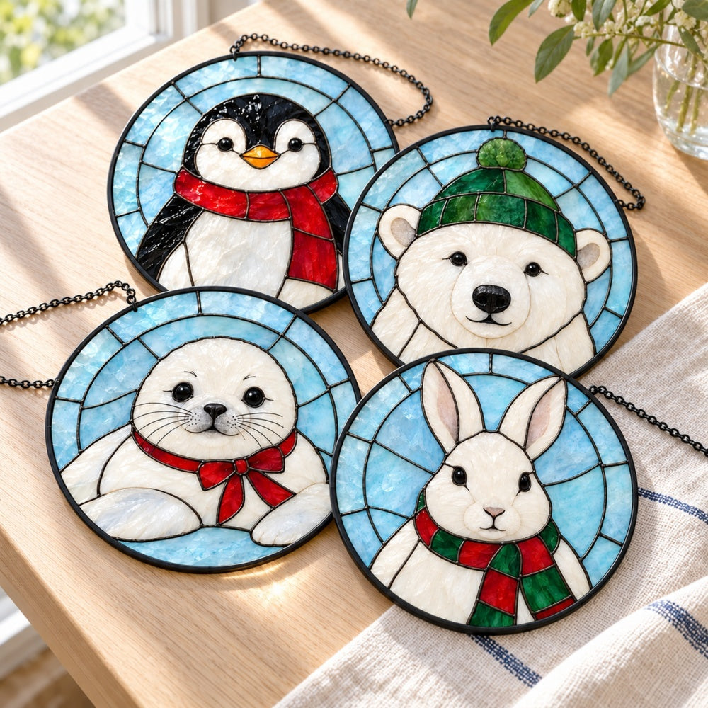 Stained Glass Suncatcher Set of 4 - Cozy Winter Animals