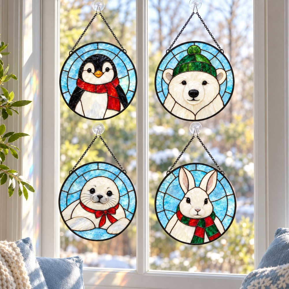 Stained Glass Suncatcher Set of 4 - Cozy Winter Animals