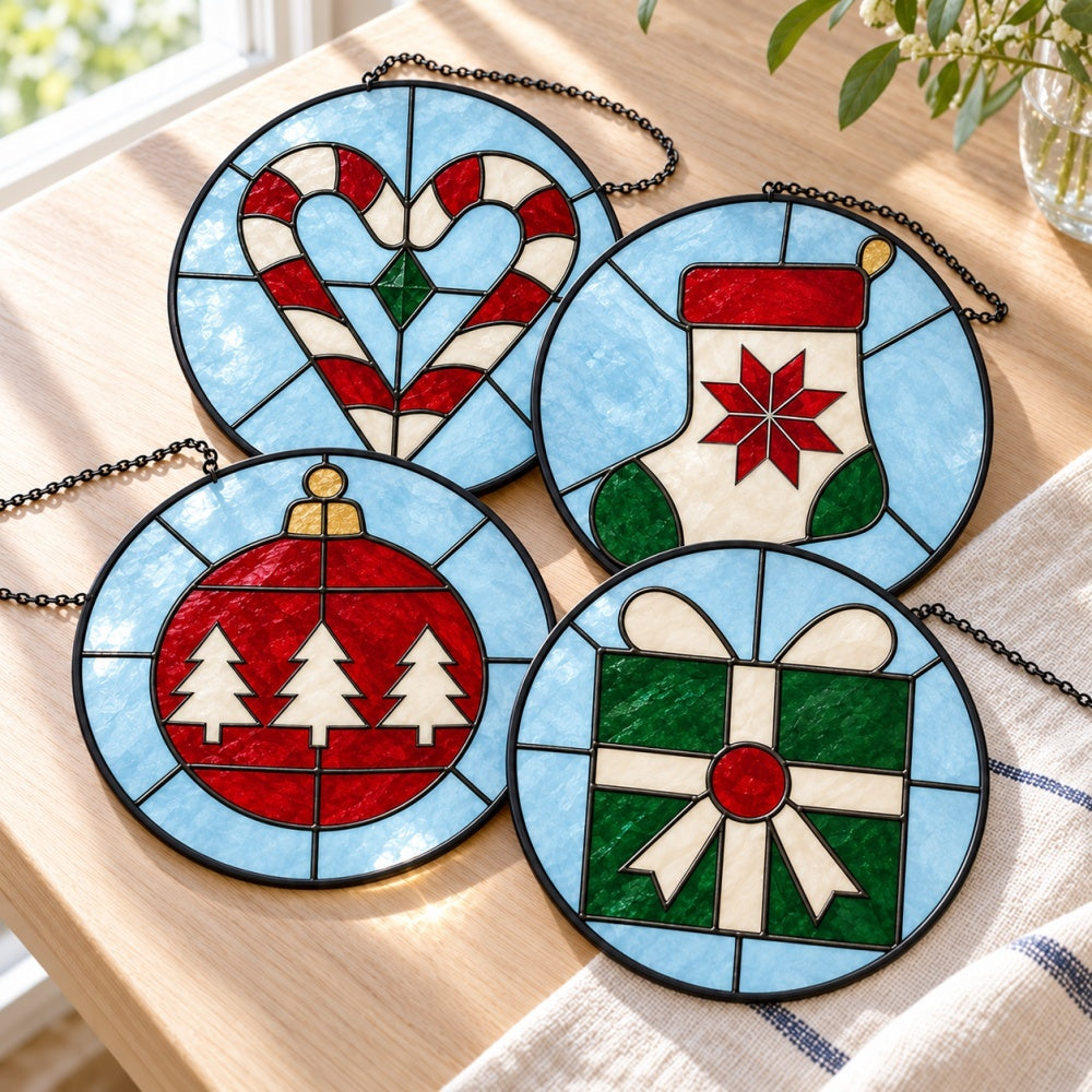 Stained Glass Suncatcher Set of 4 - Merry Christmas Essentials