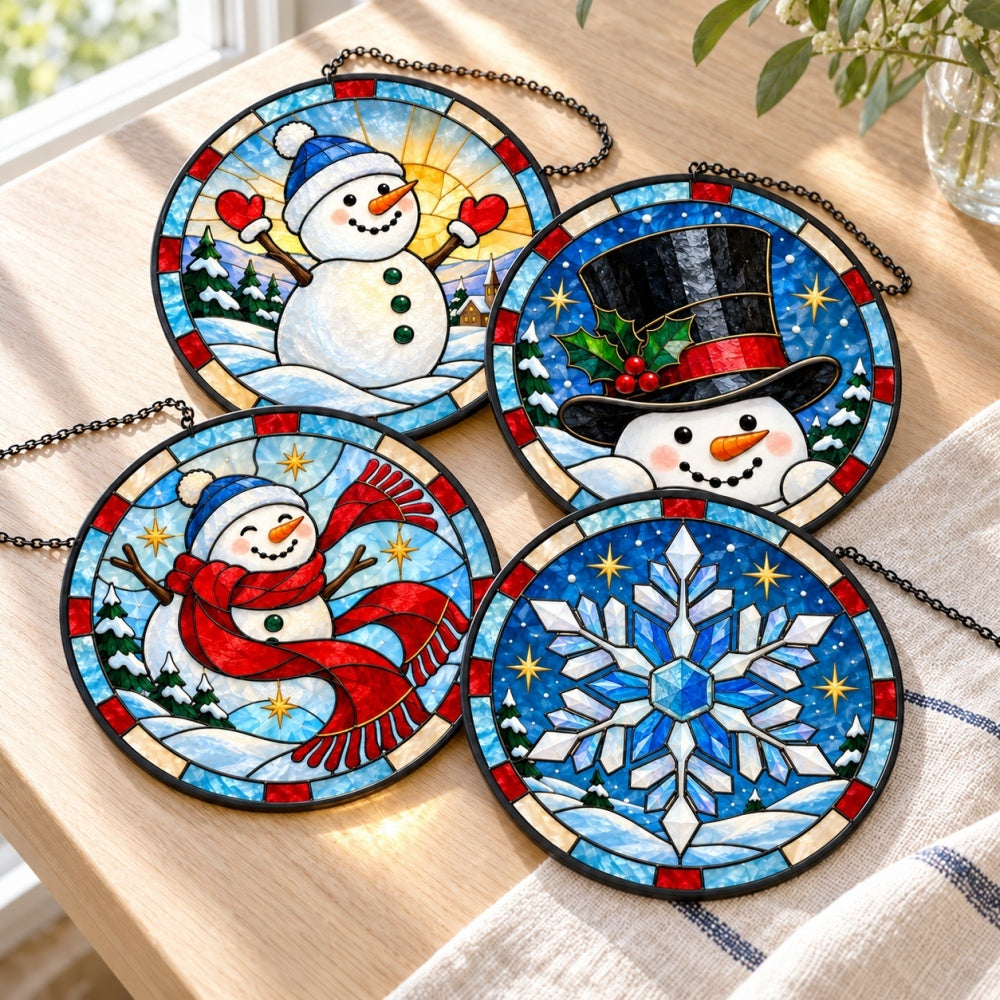 Stained Glass Suncatcher Set of 4 - Starry Snowman Wonderland