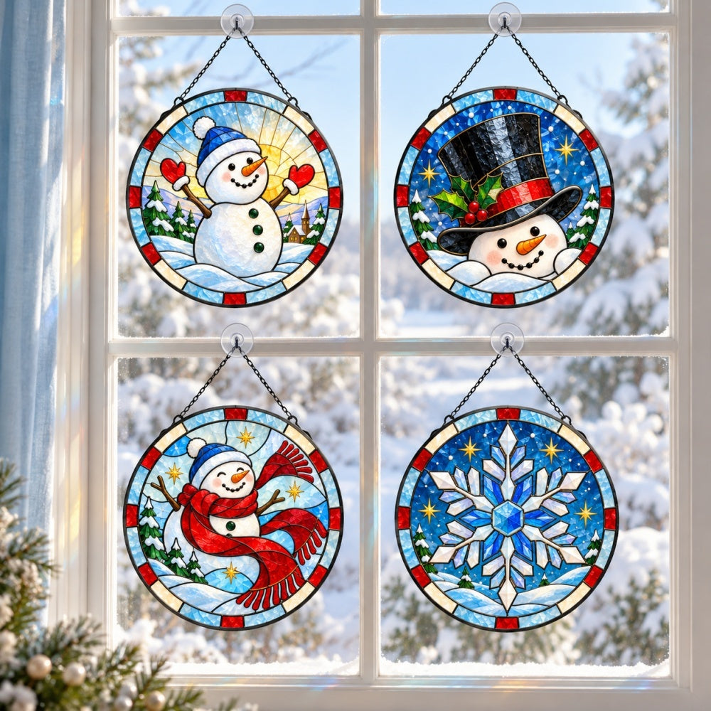 Stained Glass Suncatcher Set of 4 - Starry Snowman Wonderland