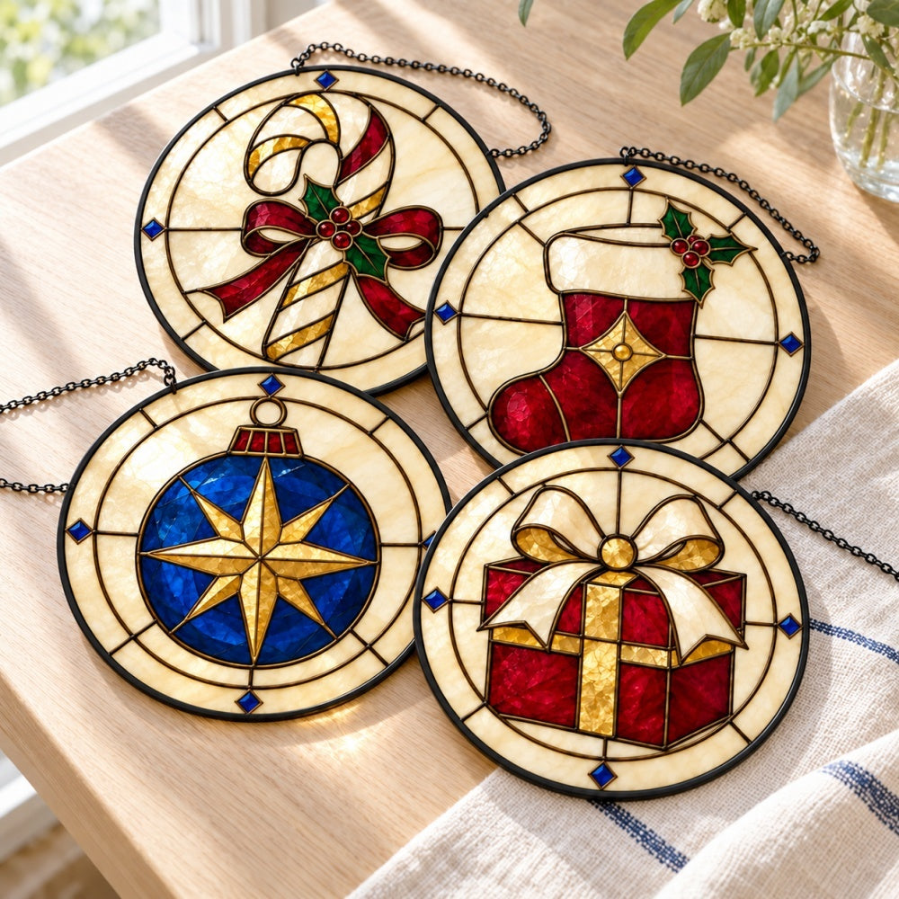 Stained Glass Suncatcher Set of 4 - Vintage Christmas Elegance
