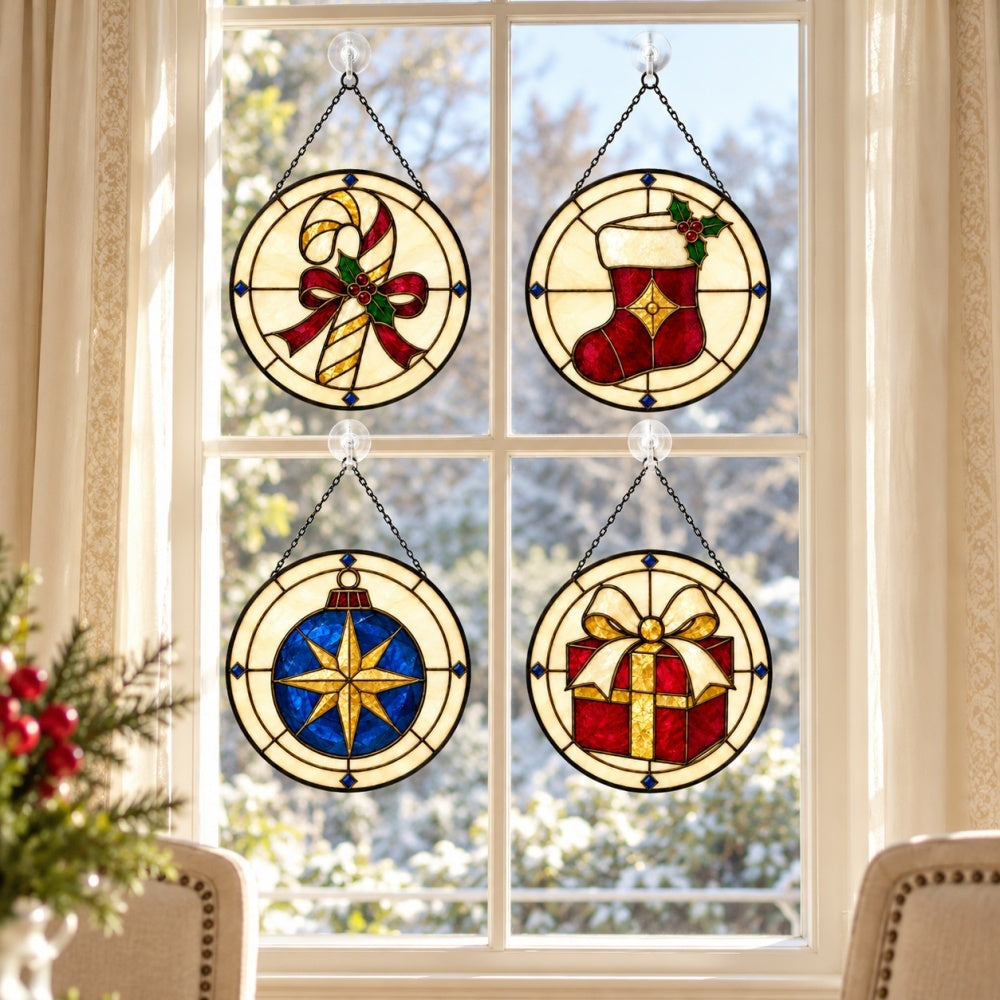 Stained Glass Suncatcher Set of 4 - Vintage Christmas Elegance