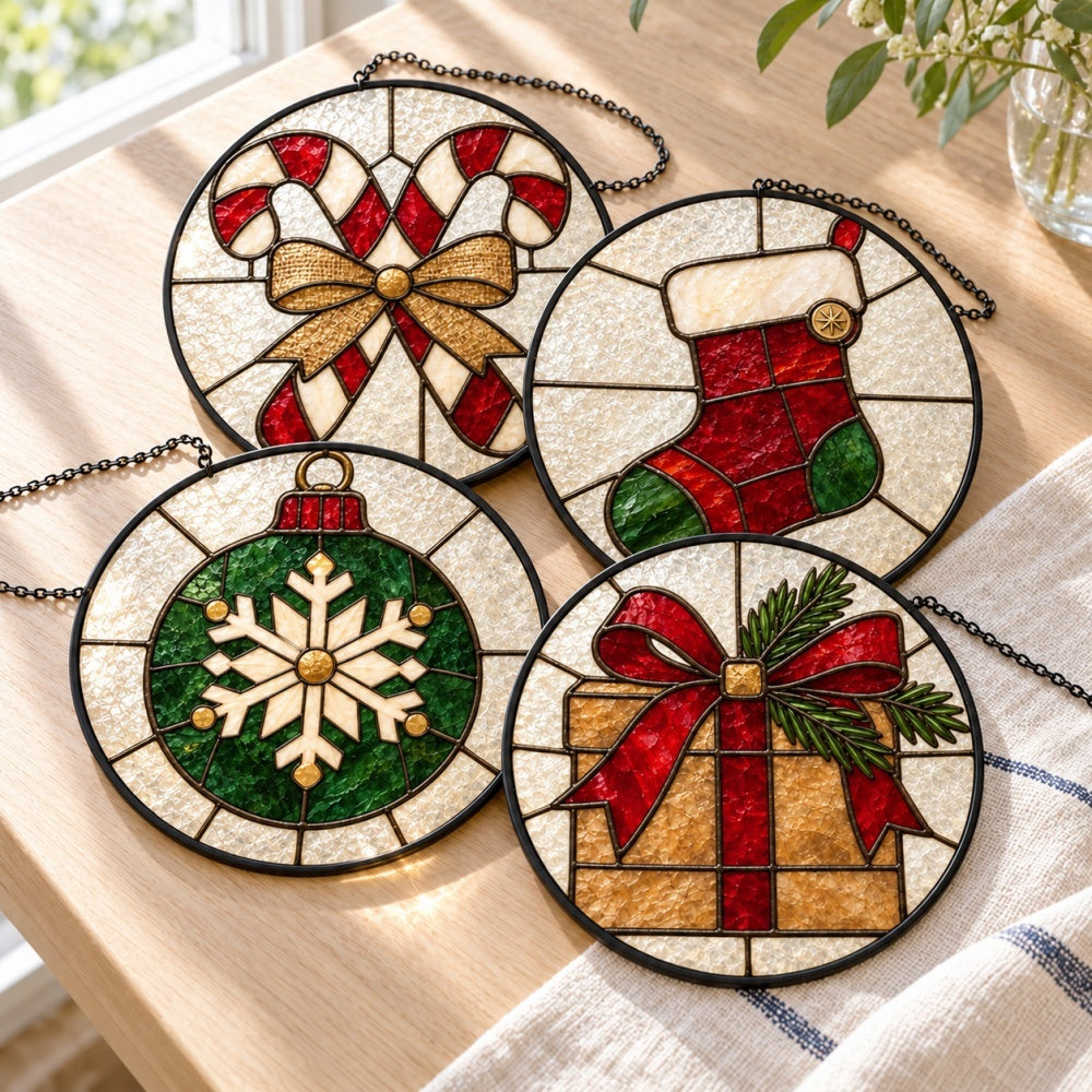 Stained Glass Suncatcher Set of 4 - Vintage Christmas Keepsakes