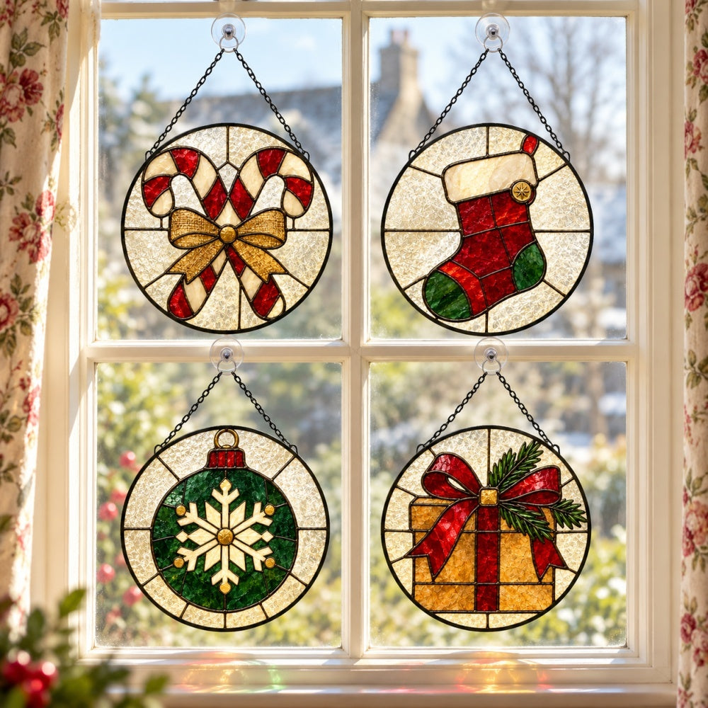 Stained Glass Suncatcher Set of 4 - Vintage Christmas Keepsakes