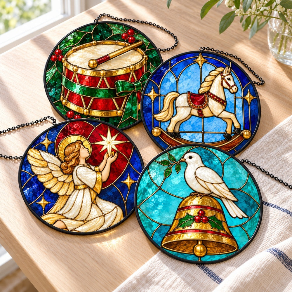 Stained Glass Suncatcher Set of 4 - Vintage Christmas Toy