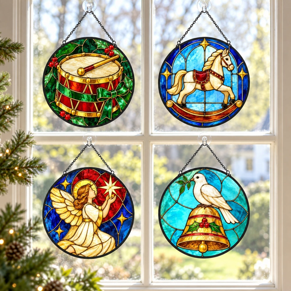 Stained Glass Suncatcher Set of 4 - Vintage Christmas Toy