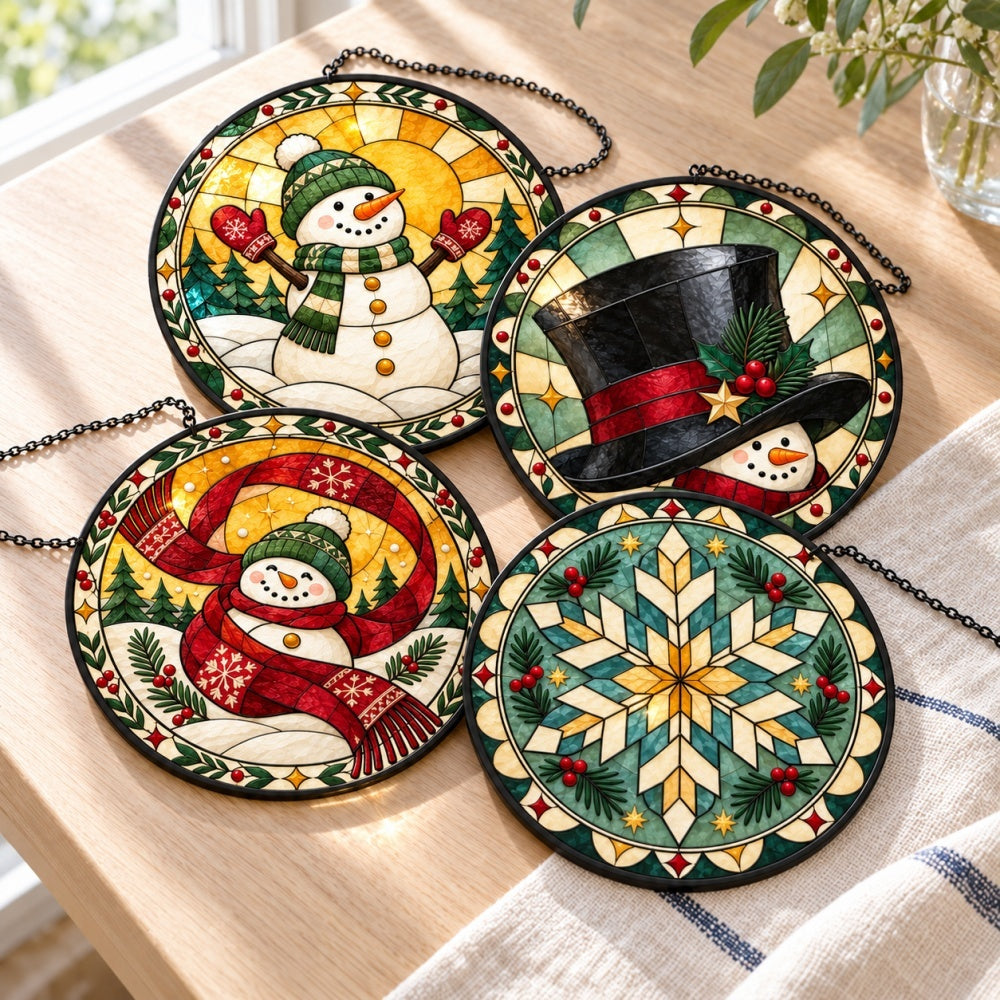 Stained Glass Suncatcher Set of 4 - Vintage Snowman Christmas