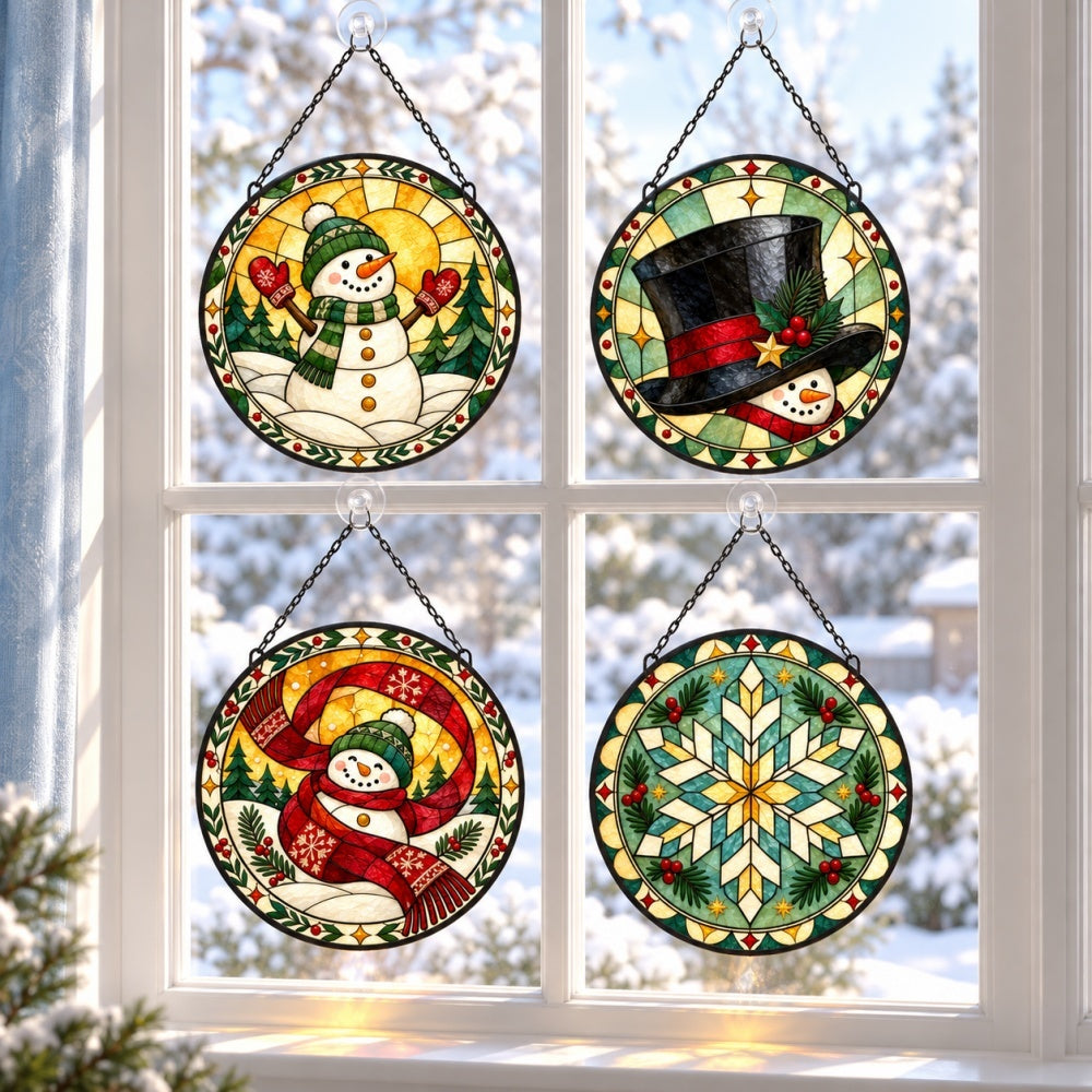 Stained Glass Suncatcher Set of 4 - Vintage Snowman Christmas