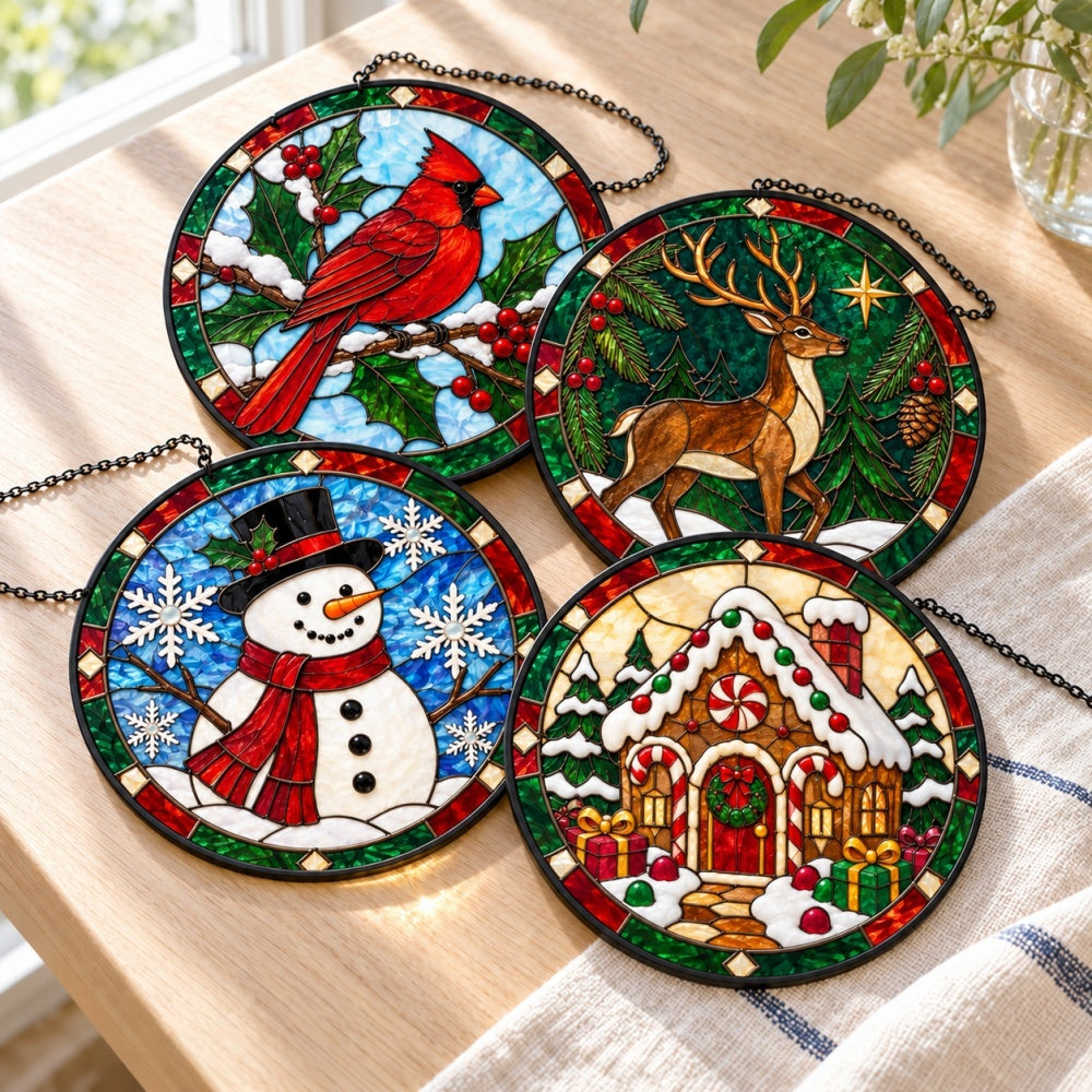 Stained Glass Suncatcher Set of 4 - Whimsical Christmas Tales