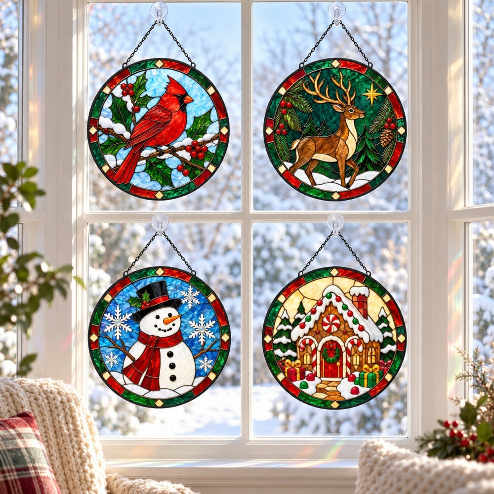 Stained Glass Suncatcher Set of 4 - Whimsical Christmas Tales