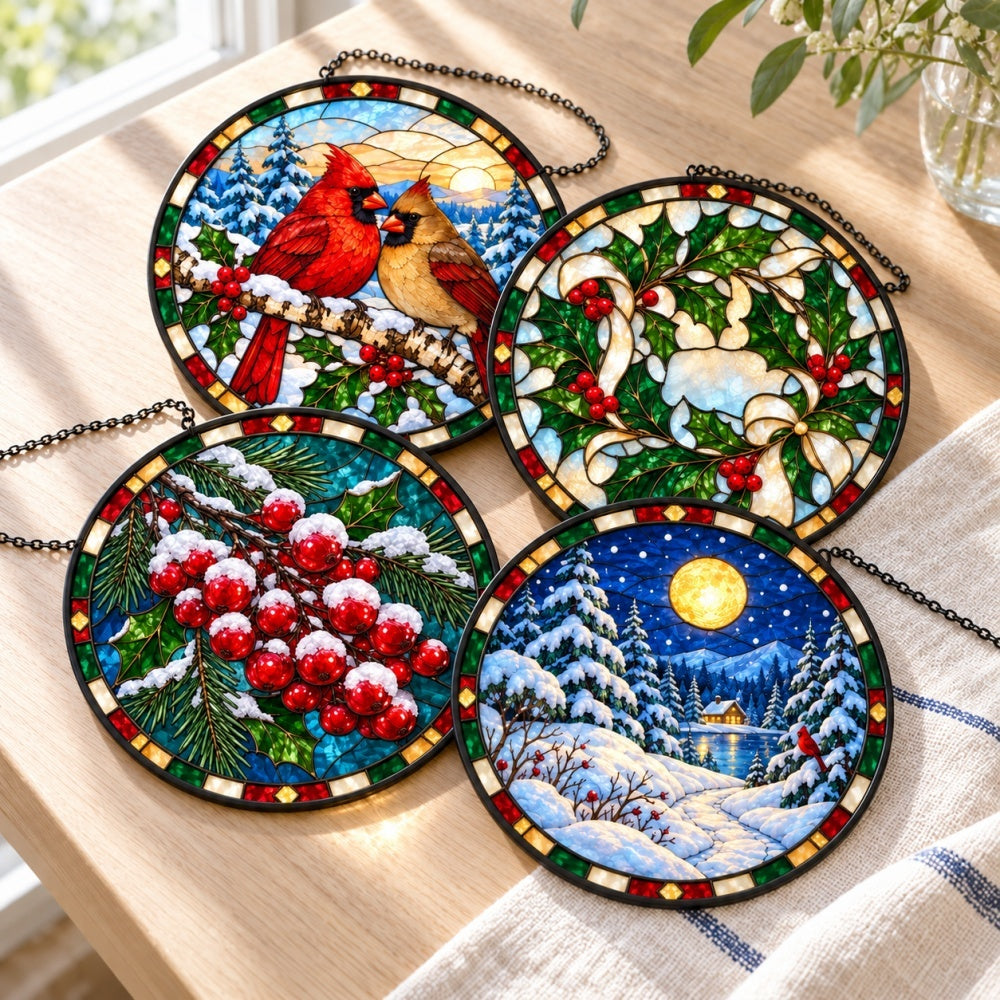 Stained Glass Suncatcher Set of 4 - Winter Cardinals and Holly Berries