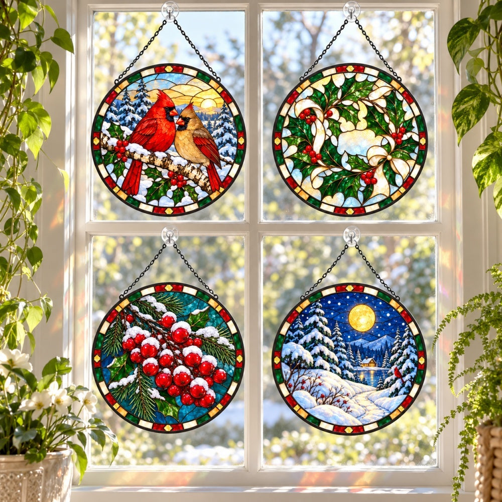 Stained Glass Suncatcher Set of 4 - Winter Cardinals and Holly Berries